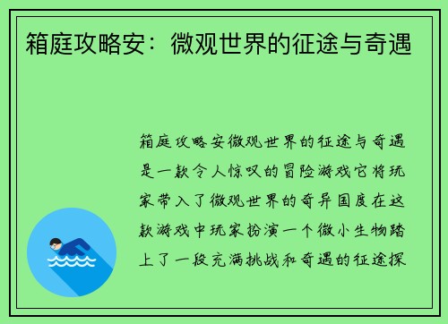 箱庭攻略安：微观世界的征途与奇遇